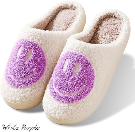 Amazon.com | AIMINUO Women's Men's Retro Preppy Happy Face Slippers Comfy Warm Plush Slip-On House Slipper for Winter Indoor Soft Cushion Non-slip Fluffy Slides Slippers White-Pink 5.5-6.5 Women/5-6 Men | Slippers