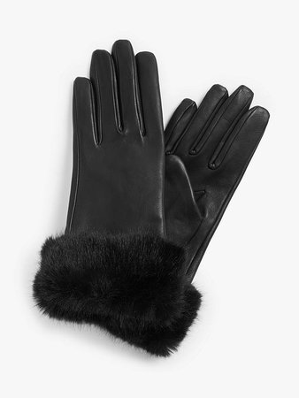 John Lewis & Partners Faux Fur Trim Leather Gloves, Black at John Lewis & Partners