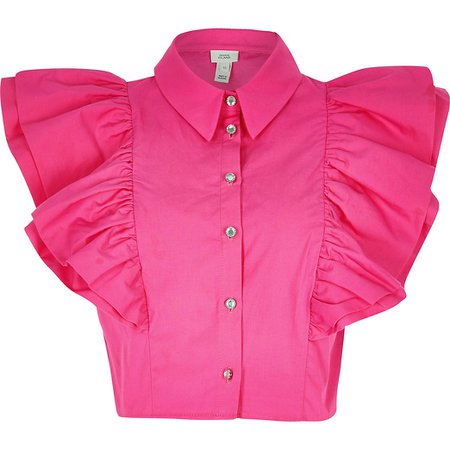 Bright pink frill cropped shirt | River Island