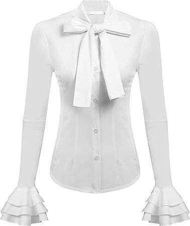 Zeagoo Womens Casual Blouses Victorian Blouse Bow Tie Neck Shirt Ruffle Button-Down Tunic Office Work Tops, Aawhite, Medium, Long Sleeve at Amazon Women’s Clothing store
