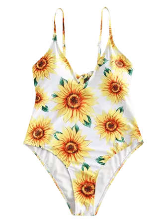 [POPULAR] 2019 ZAFUL High Cut Sunflower Plunging Swimsuit In WHITE M | ZAFUL