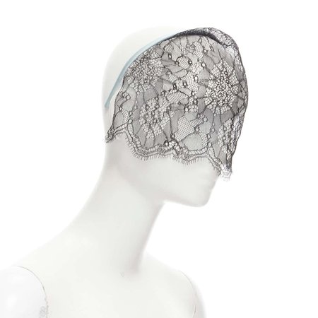 MAISON MICHEL sky blue silk satin black lace veil crystal M logo headband