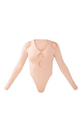 Recycled Stone Button V Neck Long Sleeve Bodysuit | PrettyLittleThing USA