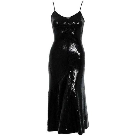 Halston Black Sequin Silk Jersey Bias-Cut Plunge Hourglass Mermaid Dress, 1973 For Sale at 1stdibs