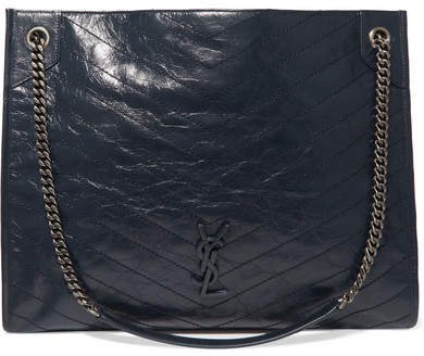 Niki Large Quilted Crinkled Glossed-leather Tote - Navy