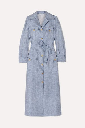 Mary Angel Belted Linen Midi Dress - Blue