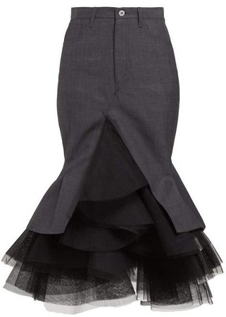 Tulle Fishtail Hem Wool Blend Skirt - Womens - Grey
