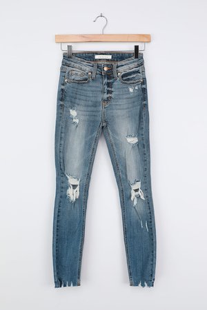 Cute Light Wash Jeans - High Waisted Jeans - Raw Hem Skinny Jeans - Lulus
