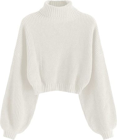 ZAFUL Women's Cropped Turtleneck Sweater Lantern Sleeve Ribbed Knit Pullover Sweater Jumper (2-White, L) at Amazon Women’s Clothing store