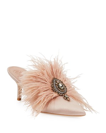 Tory Burch Elodie Feather Embellished Satin Mule | Neiman Marcus