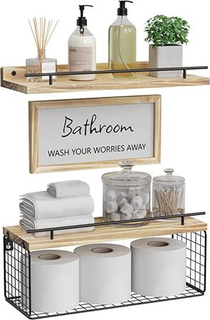 WOPITUES Floating Shelves with Bathroom Wall Décor Sign, Farmhouse Wood Bathroom Wall Shelves Over Toilet with Paper Storage Basket Set of 3, Rustic Floating Shelf with Guardrail–Light Brown : Home & Kitchen