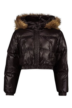 Faux Fur Trim Crop Puffer Jacket | Boohoo black