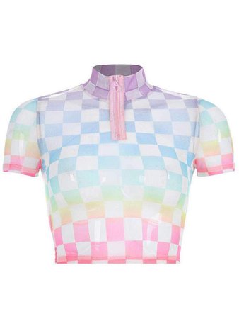 Pastel rainbow checkered short sleeve crop top