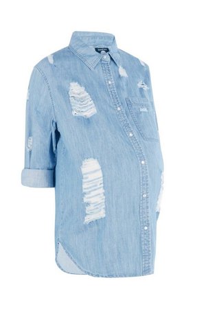 Maternity Ultra Distressed Oversized Denim Shirt | Boohoo