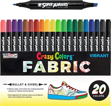 AmazonSmile: Super Markers 20 Unique Colors Dual Tip Fabric & T-Shirt Marker Set-Double-Ended Fabric Markers with Chisel Point and Fine Point Tips - 20 Permanent Ink Vibrant and Bold Colors : Everything Else