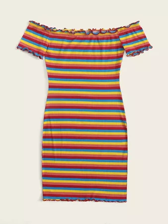 Off Shoulder Lettuce Trim Rib-knit Rainbow Striped Dress | SHEIN USA