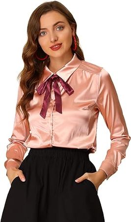 Allegra K Women's Bow Tie Blouse Long Sleeve Chiffon Satin Top at Amazon Women’s Clothing store