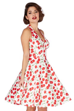 Voodoo Vixen Vintage Inspired Sybll Cherry Print Halterneck Dress | Vintage Inspired Fashion & Accessories | 40s and 50s Clothing and Rockabilly Collection | 1940s, 1950s Dresses Tops Cardigans Trousers