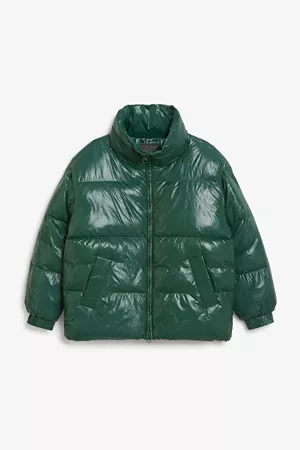 High neck puffer jacket - Shiny dark green - Puffer jackets - Monki WW