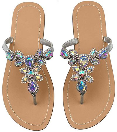 Amazon.com | Hinyyrin Beach Sandals for Women Ladies Thong Sandals Jeweled White Size 6.5-7 | Sandals