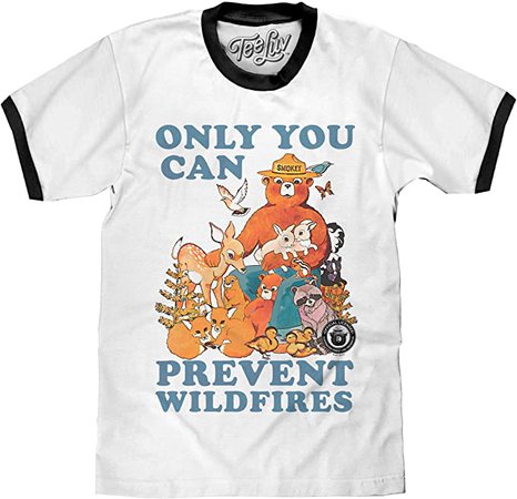 Amazon.com: Tee Luv Smokey Bear T-Shirt - Only You Can Prevent Wild Fires Ringer Shirt (White/Black) (XL): Clothing