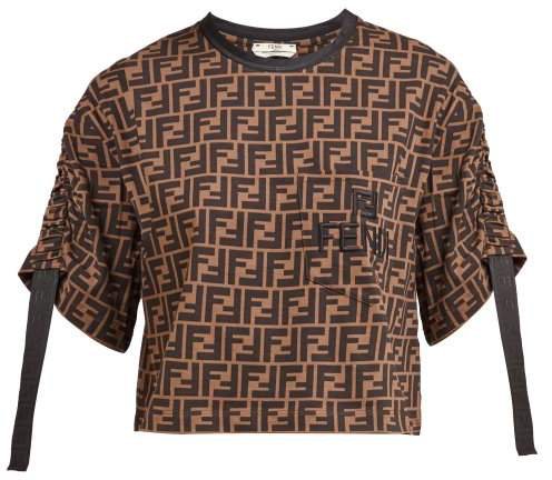 Ff Print Ruched Sleeve Cotton T Shirt - Womens - Brown Multi