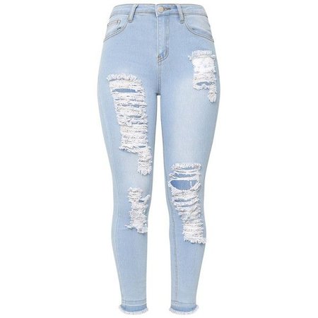 Light Wash Drop Hem Super Ripped Skinny Jean ($40) ❤ liked on Polyvore featuring jeans, bottoms, j… | Light wash ripped jeans, Cute ripped jeans, Jeans outfit women