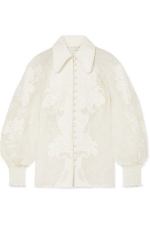 Zimmermann | Corsage appliquéd linen and silk-blend blouse | NET-A-PORTER.COM