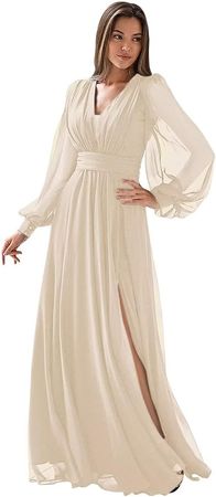 Amazon.com: MASHENGYUE Long Sleeve Bridesmaid Dresses for Women Chiffon Formal Dress Long Prom Evening Dresses with Slit : Clothing, Shoes & Jewelry