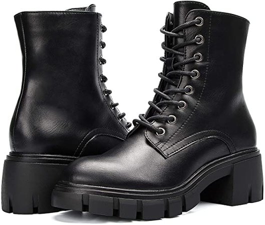 Amazon.com | mysoft Women's Platform Boot Round Toe Chunky Combat Ankle Boots, Lace Up Side Zipper Black | Ankle & Bootie