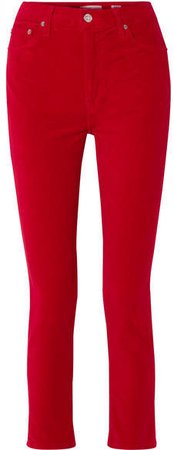 Cropped High-rise Stretch-velvet Skinny Pants - Red
