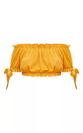 Mustard Bardot Bow Sleeve Jersey Crop Top. Tops | PrettyLittleThing