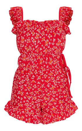 Red Floral Print Frill Detail Tie Waist Playsuit | PrettyLittleThing USA