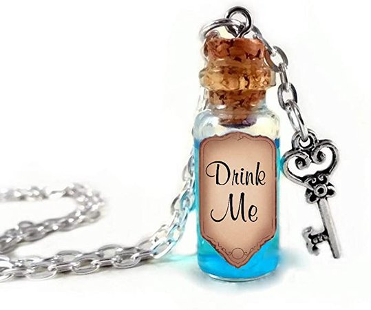 Drink Me Alice in Wonderland Glass Bottle Charm Necklace with Blue Liquid Shimmer Shrinking Potion: Amazon.co.uk: Jewellery