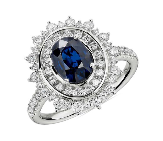 Oval Sapphire Ring with Double Diamond Sunburst Halo in 14k White Gold | Blue Nile