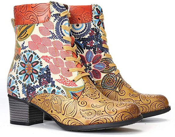 Amazon.com | gracosy Leather Ankle Boots for Women, Block Heel Vintage Side Zipper Floral Pattern Boots Lace up with Warm Lining | Ankle & Bootie