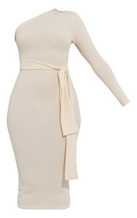 Stone Brushed Rib One Shoulder Tie Waist Midaxi Dress - Dresses - Womens Clothing | PrettyLittleThing USA