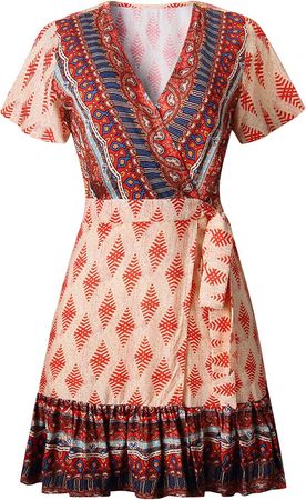 ZESICA Women’s Summer Wrap V Neck Bohemian Floral Print Ruffle Swing A Line Beach Mini Dress at Amazon Women’s Clothing store