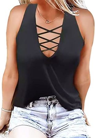 IEUGOH Women's Cute Criss Cross Back Tank Tops Summer Loose Hollow Out Sleeveless Camisole Shirts at Amazon Women’s Clothing store