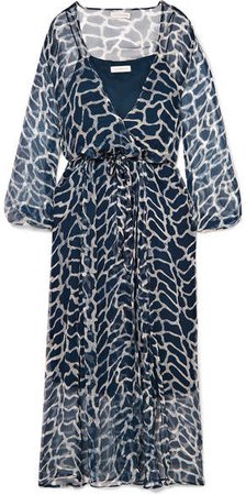 Cloe Cassandro - Jemima Giraffe-print Silk-crepon Wrap Midi Dress - Navy