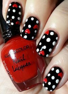 red, black, polka dots,nails