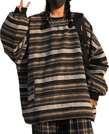 Women Y2k Striped Sweater Fairy Grunge Striped Sweatshirt Plus Size Knitted Pullover Top Preppy Streetwear（Baggy Black，Small） at Amazon Women’s Clothing store