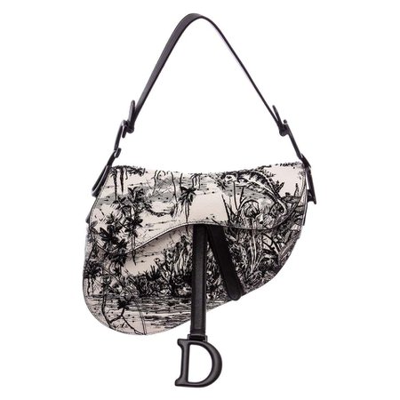 Christian Dior Black White Embroidered Leather Medium Saddle Bag For Sale at 1stdibs