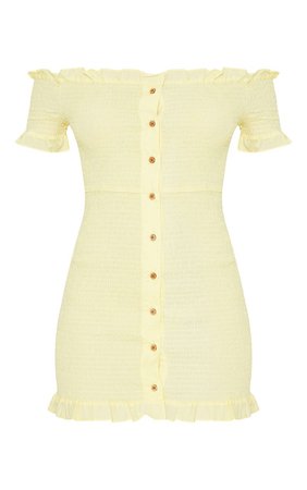 PrettyLittleThing Lemon Shirring Button Detail Bardot Bodycon Dress