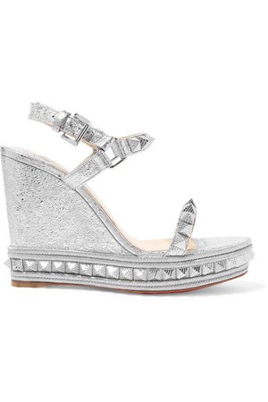 Christian Louboutin | Pyraclou 110 spiked metallic textured-leather wedge sandals | NET-A-PORTER.COM