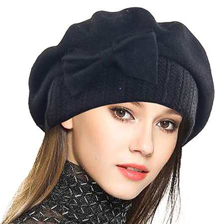 VECRY Lady French Beret 100% Wool Beret Floral Dress Beanie Winter Hat (Bow-Black) at Amazon Women’s Clothing store: