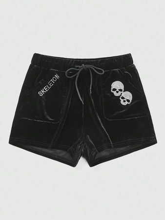 Goth Skull & Letter Rhinestone Drawstring Waist Shorts | SHEIN