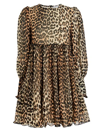 GANNI | Pleated Georgette Leopard Mini Dress | INTERMIX®