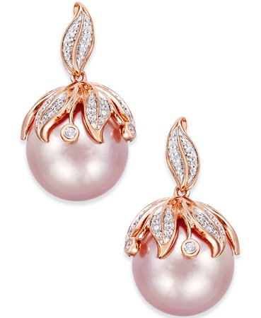 Macy's 14k Rose Gold Pink Windsor Pearl and Diamond Accent Earrings