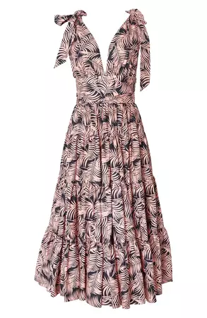 Carolina Herrera Palm Print Plunge Neck Stretch Cotton Dress | Nordstrom